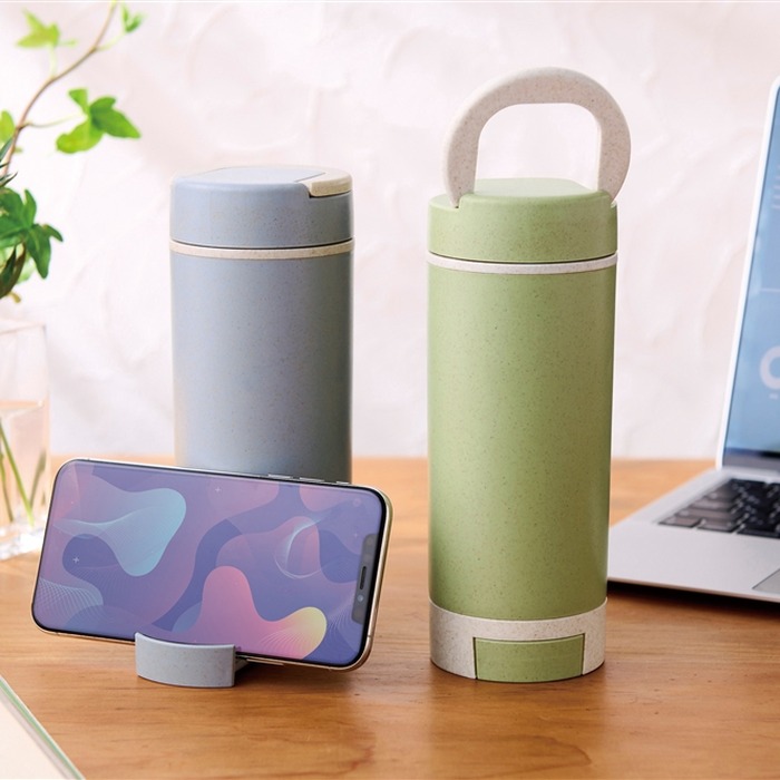 スマホスタンド付バンブーボトル400ml ブルー